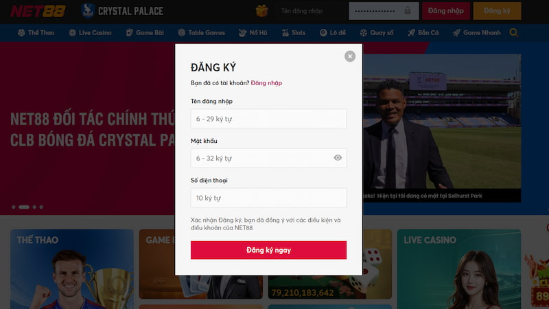 Giao diện đăng ký Net88 dễ thao tác